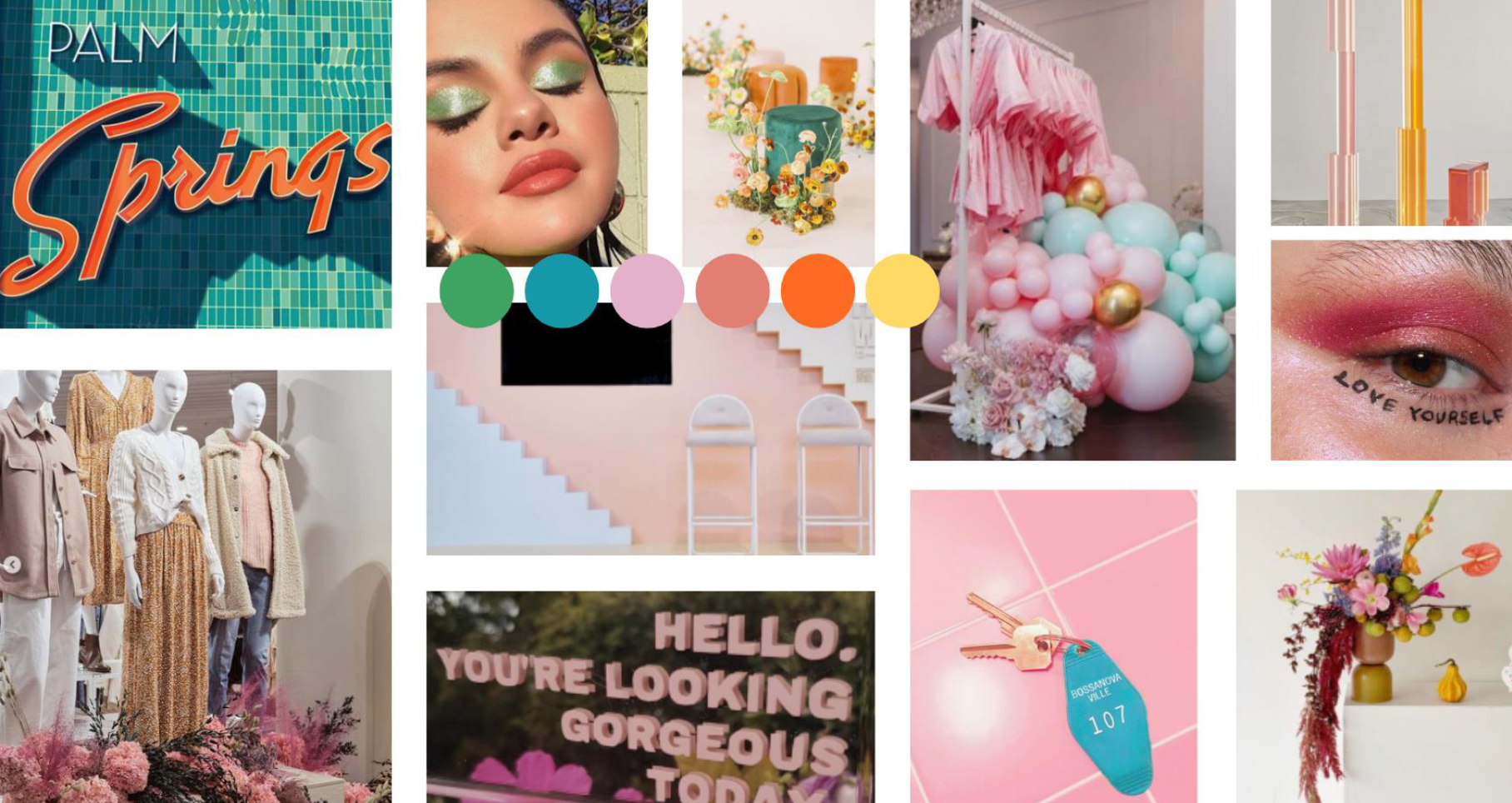 Stylist mood board showcasing Palm Springs vibes with bright rainbow palette; grass green, turquoise blue, pink, orange and sunshine yellow.
