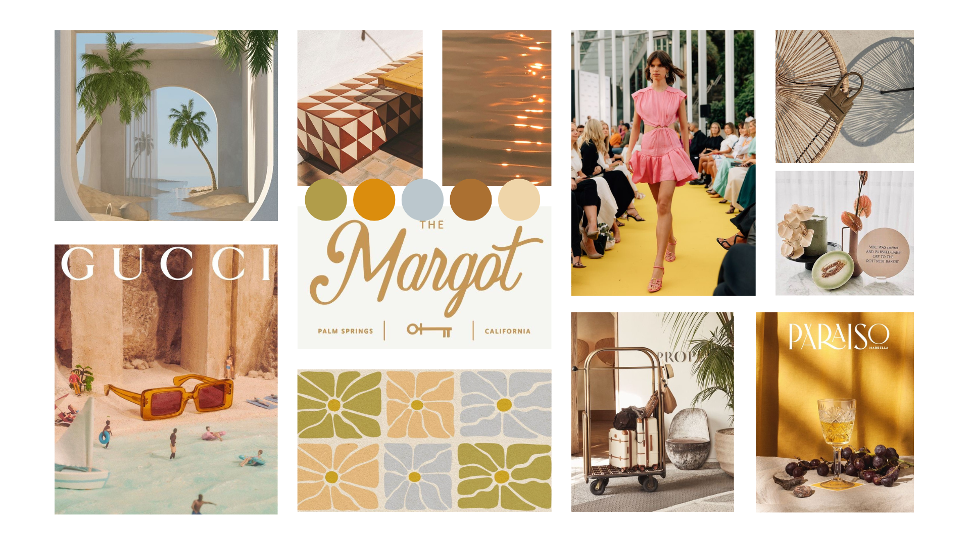 A colourful event mood board, with muted olive green, sunset orange, tobacco brown, marigold and powder blue, put together by Coral & Co., for Margot's engagement shoot in Melbourne. 