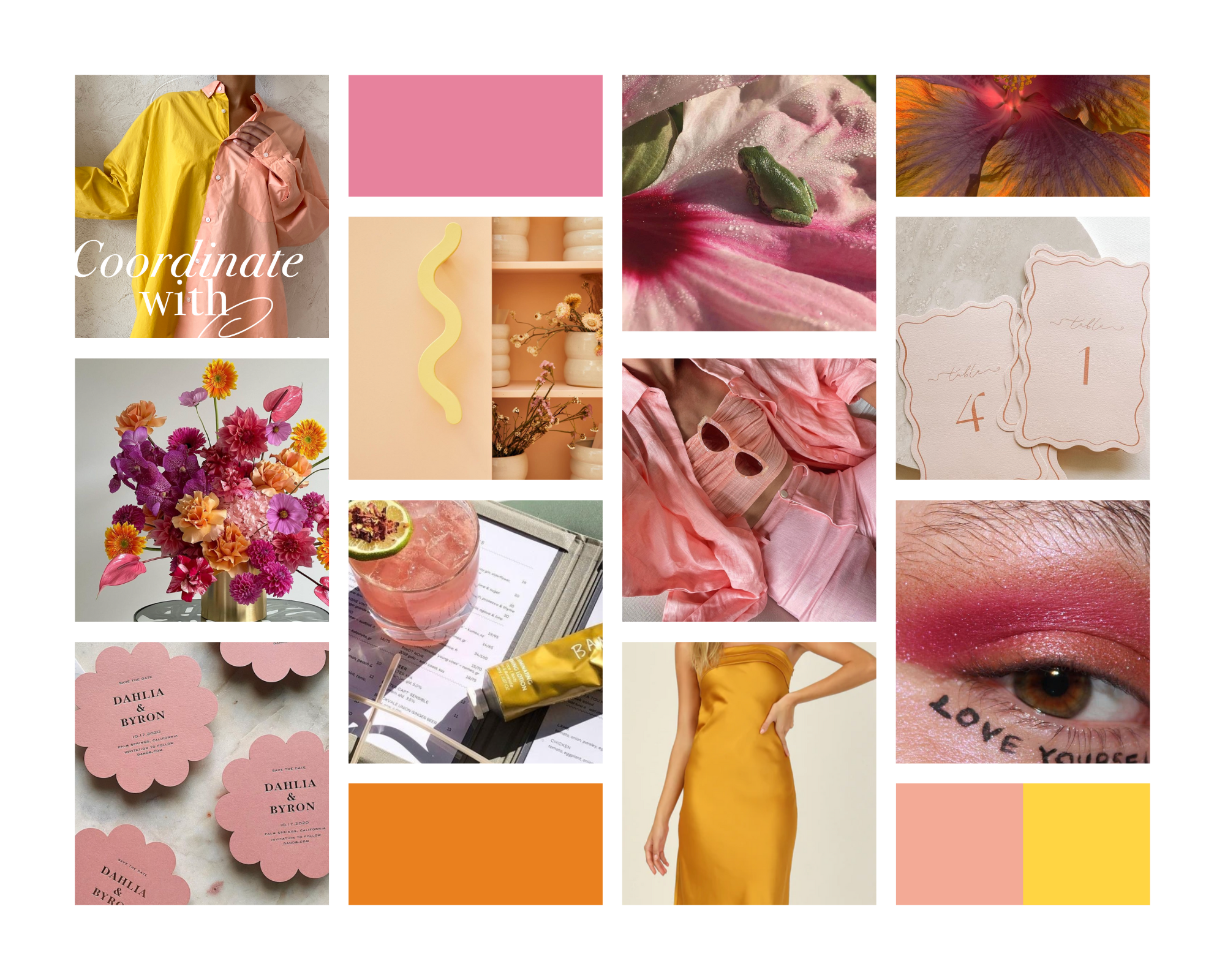 Stylist mood board showing various images of bright pinks, peaches, and yellow hues. Hot pink eyeshadow makeup, with popping radiant florals and wavy stationery.